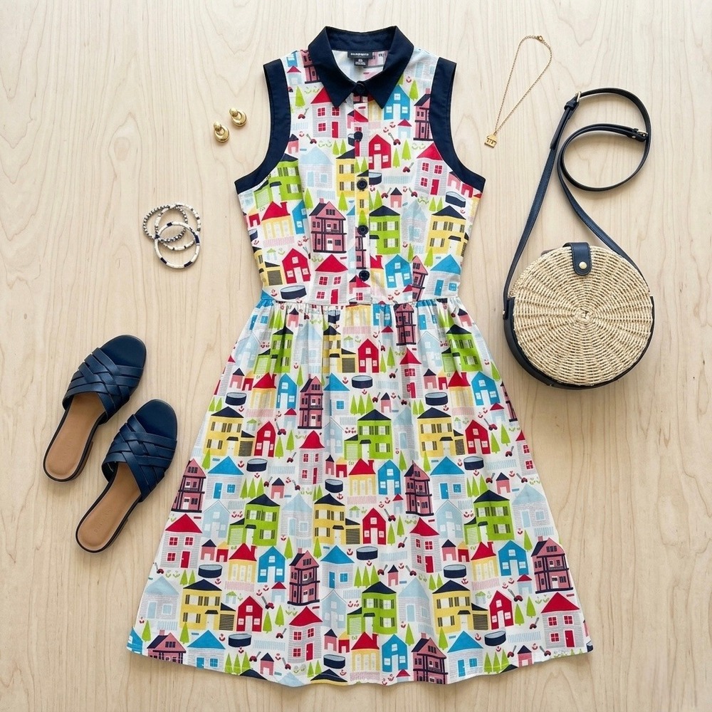 Retrolicious House Print Sleeveless Shirt Dress Large USA Cotton Novelty Village